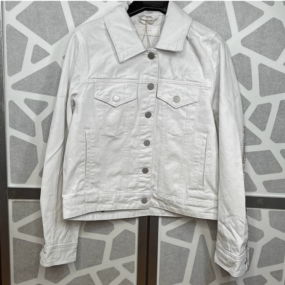 Blank NYC Women's  White Rinestone  fringe Jean Jacket sz Large NWT